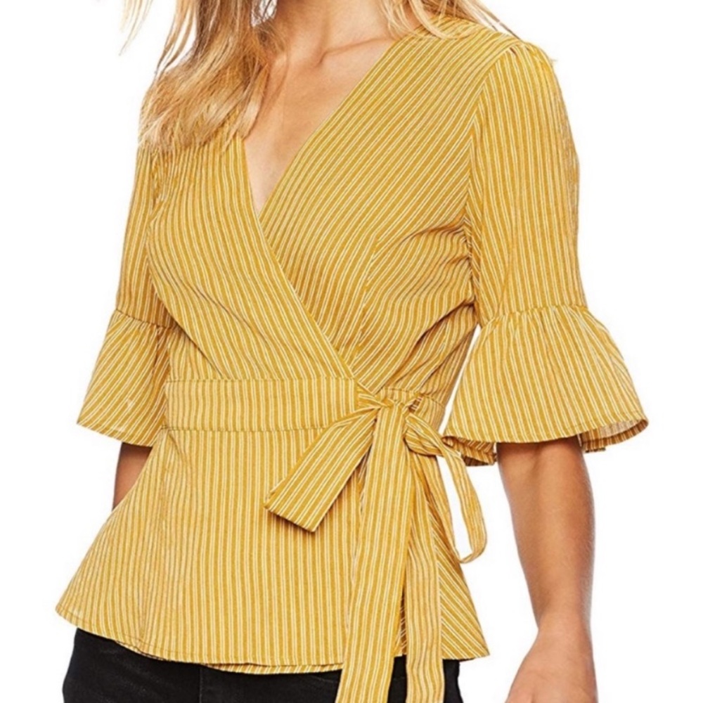 J.O.A. Yellow Pinstriped Flounced Sleeve Wrap Top